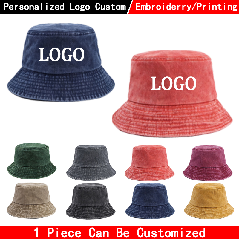 Bucket Hat Cotton - Topi ember denim dengan logo khusus,